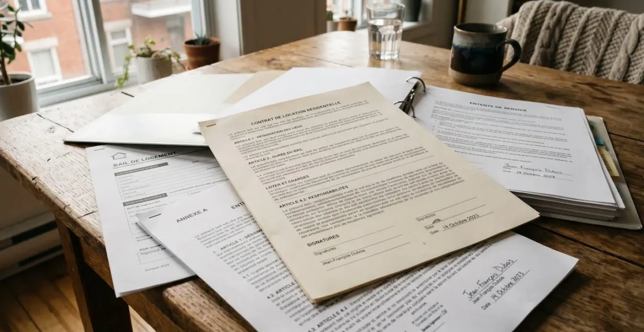 Gros plan sur des documents contractuels posés sur une table en bois, stylo à côté, lumière naturelle tamisée