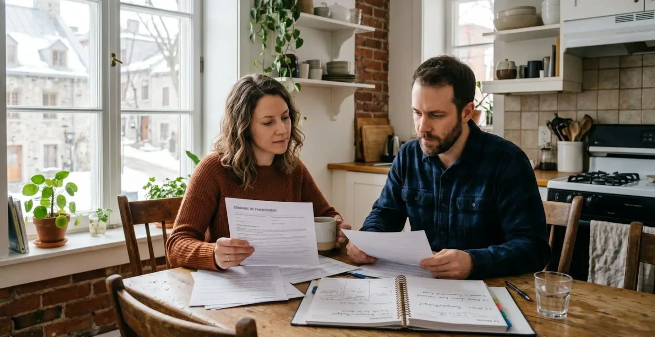 Couple assis à une table face à des documents de contrats et à un agenda ouvert, l'air préoccupé, dans un appartement lumineux