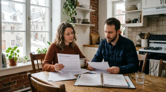 Couple assis à une table face à des documents de contrats et à un agenda ouvert, l'air préoccupé, dans un appartement lumineux